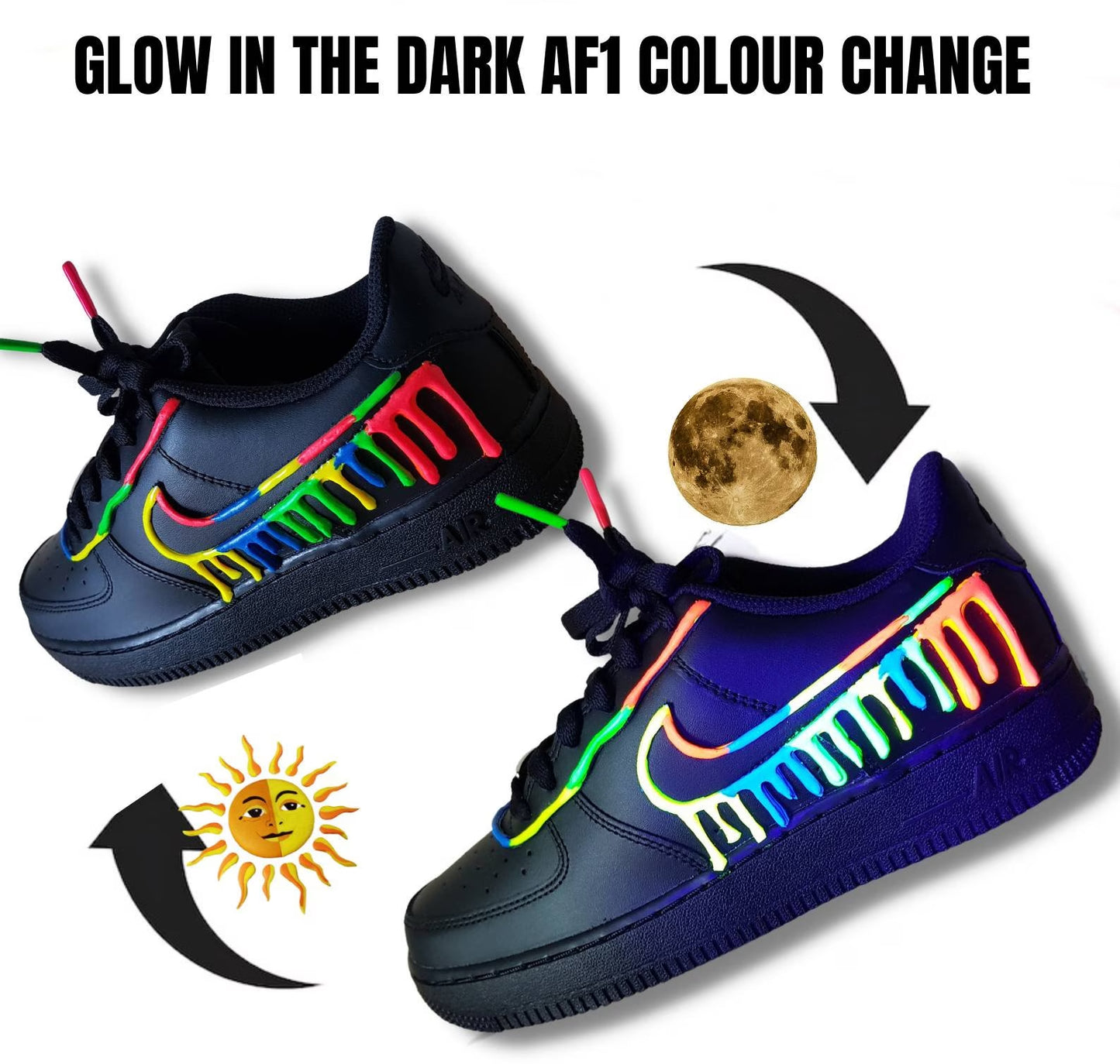 Drippy Air Force One 1 Unisex Men'S/ Women'S Shoes Neon Sneakers Trainers/Handmade/Fashion Artwork/ Girls Style/Gift for Kids/Fast Delivery
